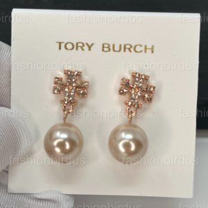 Tory Burch Kira Jewelled Pavé Pearl Drop Earrings in Rose Gold (NWT)
